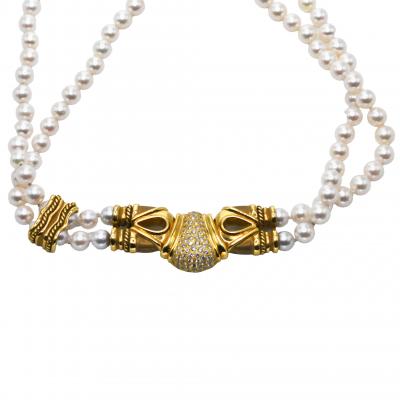 18K Yellow Gold Pearl and Diamond Necklace