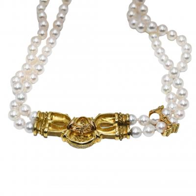 18K Yellow Gold Pearl and Diamond Necklace