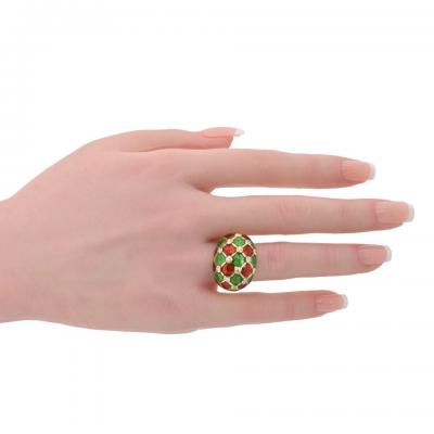 18K Yellow Gold Red And Green Enamel Custom Made Ring