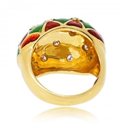 18K Yellow Gold Red And Green Enamel Custom Made Ring