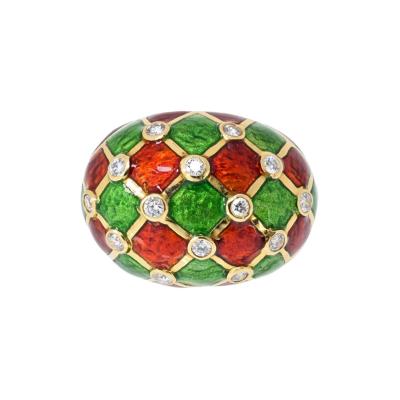 18K Yellow Gold Red And Green Enamel Custom Made Ring