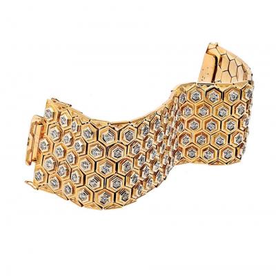 18K Yellow Gold Retro Wide Honeycomb Motif Diamond Bracelet
