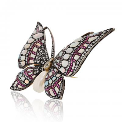 18K Yellow Gold Silver Light Blue Opal And Daimond Butterfly Brooch