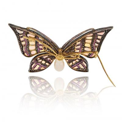 18K Yellow Gold Silver Light Blue Opal And Daimond Butterfly Brooch