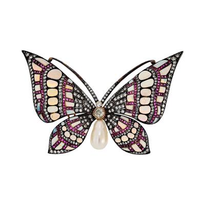 18K Yellow Gold Silver Light Blue Opal And Daimond Butterfly Brooch