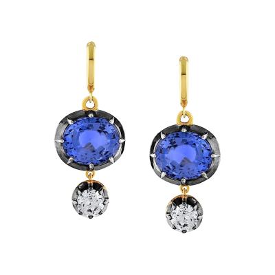 18K Yellow Gold Silver Sapphire And Diamond Vintage Inspired Earrings