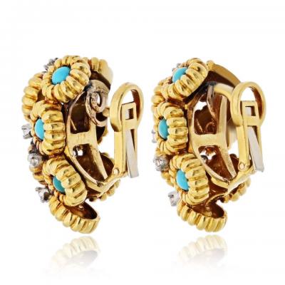 18K Yellow Gold Turquoise And Diamond Flower Motif Clip On Earrings