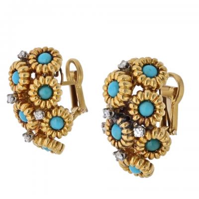 18K Yellow Gold Turquoise And Diamond Flower Motif Clip On Earrings