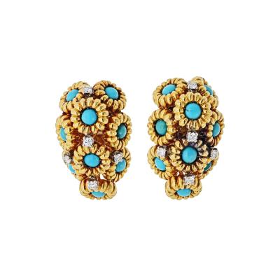 18K Yellow Gold Turquoise And Diamond Flower Motif Clip On Earrings