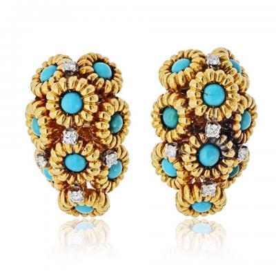 18K Yellow Gold Turquoise And Diamond Flower Motif Clip On Earrings