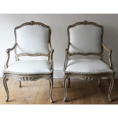 18TH C LOUIS XV ARMCHAIRS SIGNED BLANCHARD PAIR