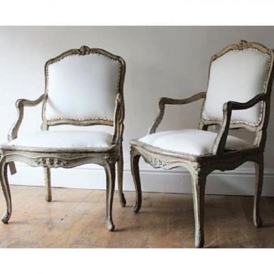 18TH C LOUIS XV ARMCHAIRS SIGNED BLANCHARD PAIR