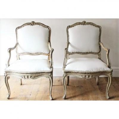 18TH C LOUIS XV ARMCHAIRS SIGNED BLANCHARD PAIR