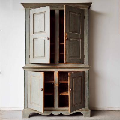 18TH CENTURY BLUE PAINTED STEP BACK CUPBOARD