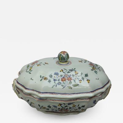 18TH CENTURY FA ENCE DE ROUEN POLYCHROME OVAL TERRINE WITH LID