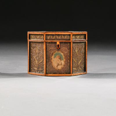 18TH CENTURY GEORGIAN PAPER SCROLLED QUILLED SATINWOOD TEA CADDY