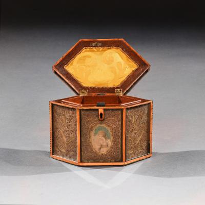18TH CENTURY GEORGIAN PAPER SCROLLED QUILLED SATINWOOD TEA CADDY
