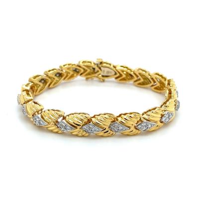 18k Two Tone Gold Link Bracelet with Textured Finish and 1 30CTW in Diamonds