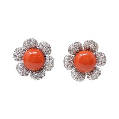 18kt White Gold Japanese Coral and 2 Ct Diamonds Fine Clip on Earrings