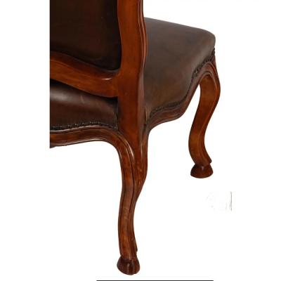 18th C Carved Walnut Leather Side or Desk Chair