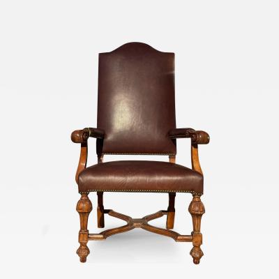 18th C Style French Mahogany Brown Leather Arm Chair