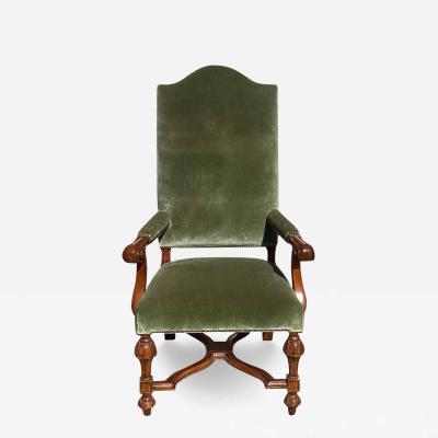 18th C Style French Mahogany Green Velvet Throne Chair