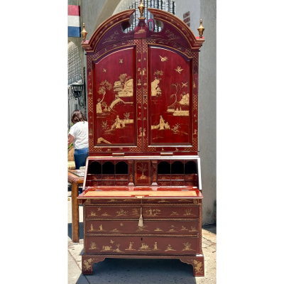 18th C Style George I Red Chinoiserie Decorated Secretary Desk by Burton Ching