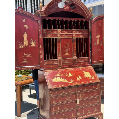 18th C Style George I Red Chinoiserie Decorated Secretary Desk by Burton Ching