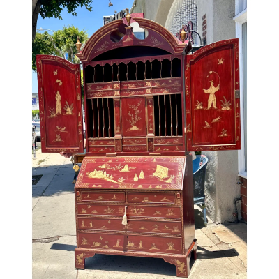 18th C Style George I Red Chinoiserie Decorated Secretary Desk by Burton Ching