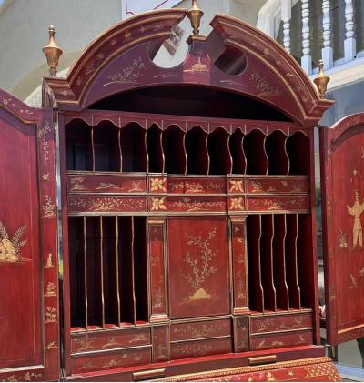 18th C Style George I Red Gold Chinoiserie Secretary Desk by Burton Ching