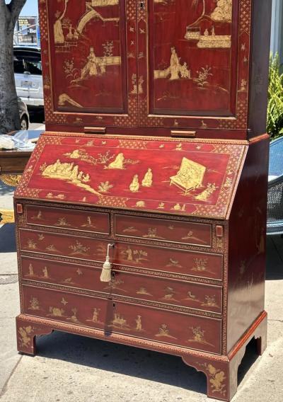 18th C Style George I Red Gold Chinoiserie Secretary Desk by Burton Ching