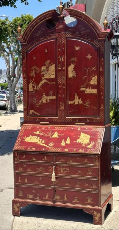 18th C Style George I Red Gold Chinoiserie Secretary Desk by Burton Ching