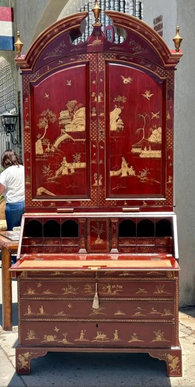 18th C Style George I Red Gold Chinoiserie Secretary Desk by Burton Ching