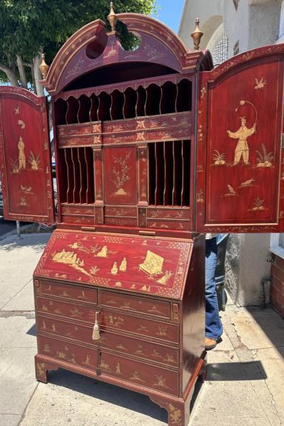 18th C Style George I Red Gold Chinoiserie Secretary Desk by Burton Ching