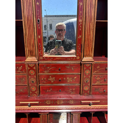 18th C Style George III Burton Ching Red Chinoiserie Secretary Desk Bookcase