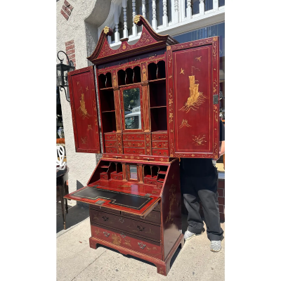 18th C Style George III Burton Ching Red Chinoiserie Secretary Desk Bookcase