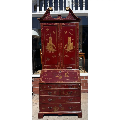 18th C Style George III Burton Ching Red Chinoiserie Secretary Desk Bookcase