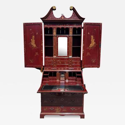 18th C Style George III Burton Ching Red Chinoiserie Secretary Desk Bookcase