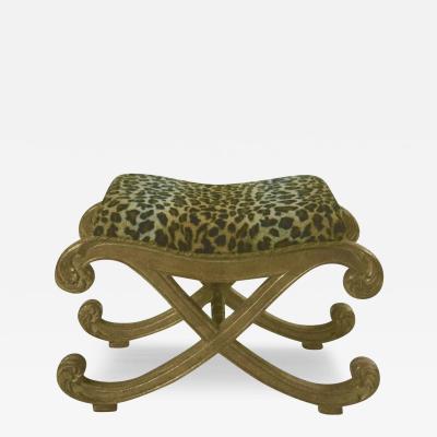 18th C Style Gold Giltwood Cheetah Velvet X Bench Stool Ottoman