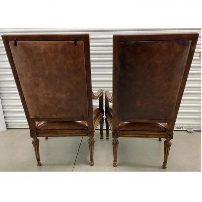 18th C Style Hendrix Allardyce Tufted Leather Giltwood Arm Chairs a Pair