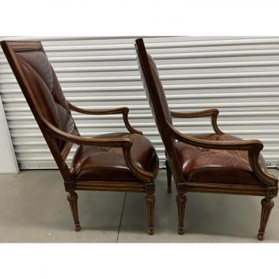 18th C Style Hendrix Allardyce Tufted Leather Giltwood Arm Chairs a Pair