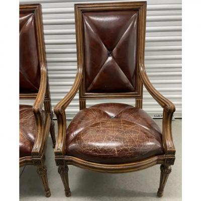 18th C Style Hendrix Allardyce Tufted Leather Giltwood Arm Chairs a Pair