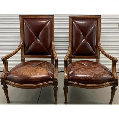 18th C Style Hendrix Allardyce Tufted Leather Giltwood Arm Chairs a Pair