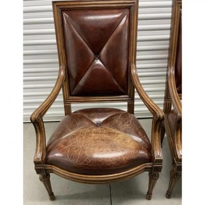 18th C Style Hendrix Allardyce Tufted Leather Giltwood Arm Chairs a Pair