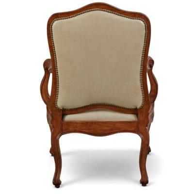 18th C Style Italian Rococo Walnut Armchair W Leather Upholstery