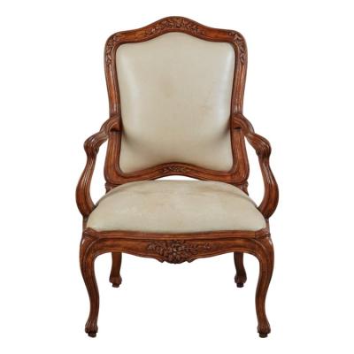 18th C Style Italian Rococo Walnut Armchair W Leather Upholstery