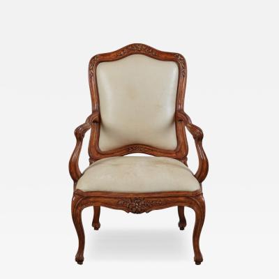 18th C Style Italian Rococo Walnut Armchair W Leather Upholstery