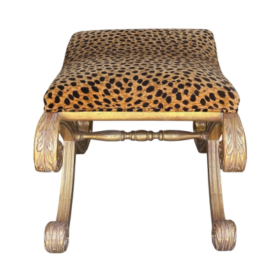 18th C Style Rococo Giltwood Leopard Velvet X Bench Footstool Ottoman