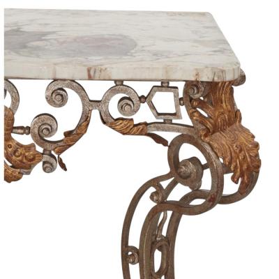 18th C Style Wrought Iron Silver Gilt Metal Marble Top Console