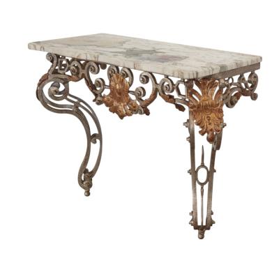18th C Style Wrought Iron Silver Gilt Metal Marble Top Console